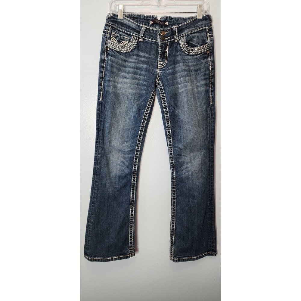 Vigoss Fit Bootcut Jeans Womens 27/3 Dark Blue Low Rise Thick Stitch Y2K